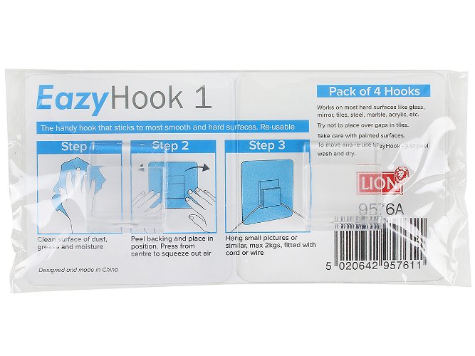 Stick Peel and Re use Bathroom Hooks pack of 4 